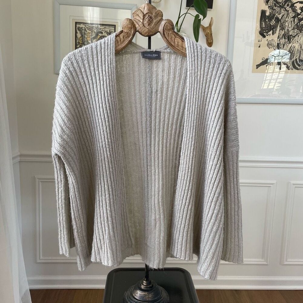 Wooden Ships Beige Ribbed Mohair Wool Open Front Cardigan Sweater XS S